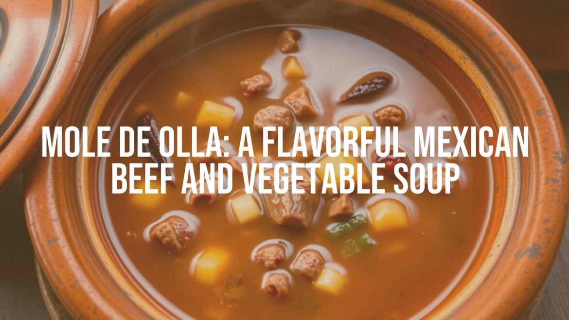 A steaming bowl of Mole de Olla soup, rich broth with beef and vegetables, dried chilies, rustic Mexican pottery, warm and inviting, realistic food photography.
