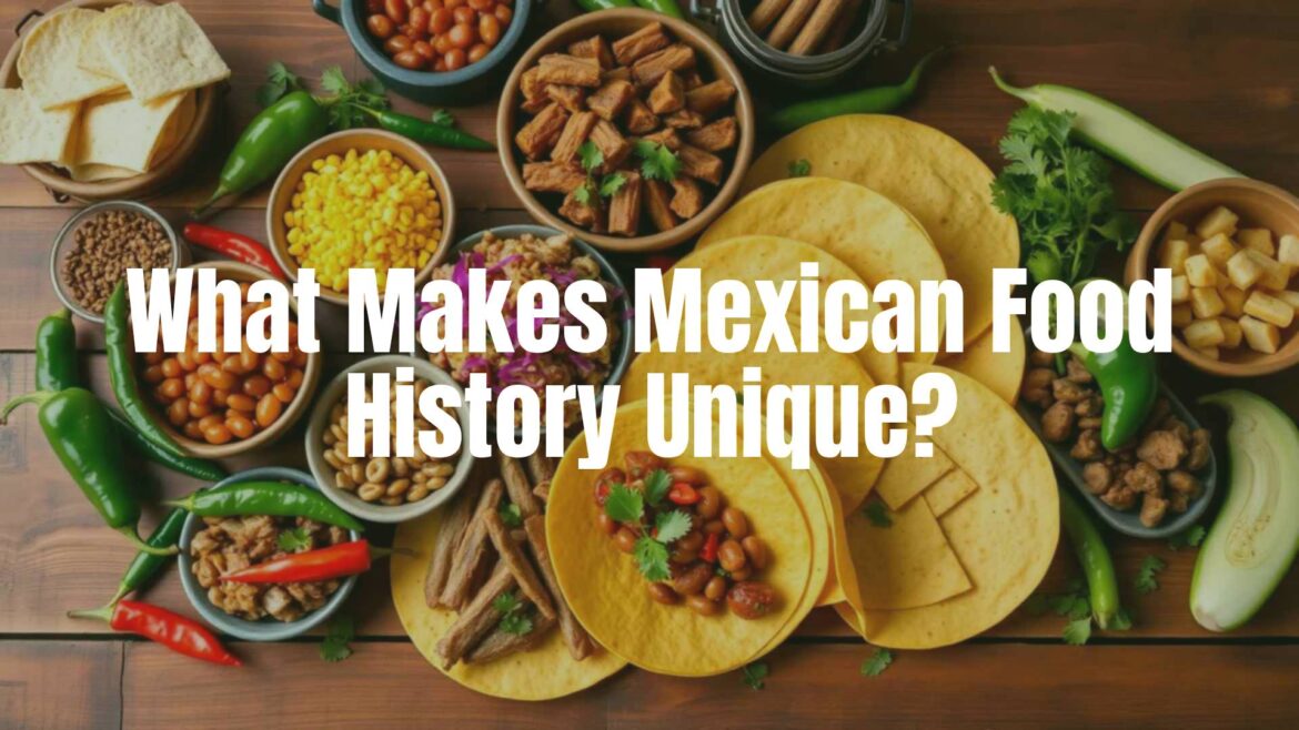 Colorful Mexican food spread with corn tortillas, beans, chile peppers, and meats on a rustic wooden table, vibrant and festive, traditional style.