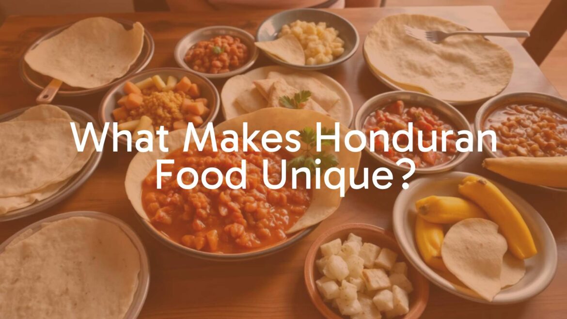 Colorful Honduran food spread with tortillas, beans, and plantains, vibrant and fresh, traditional dishes on a wooden table, warm lighting, realistic.
