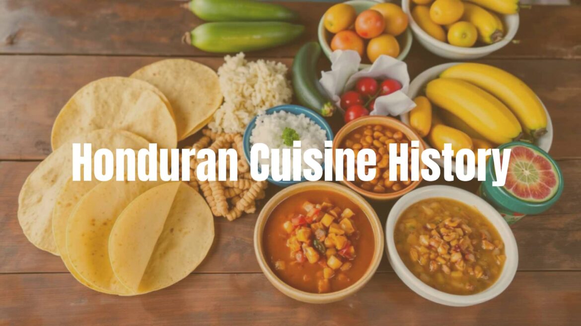 Colorful Honduran cuisine spread on a wooden table, featuring corn tortillas, beans, plantains, and tropical fruits, vibrant and inviting, realistic.