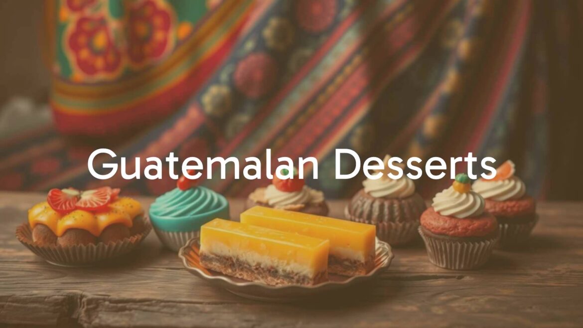 Colorful Guatemalan desserts on a wooden table, traditional textiles in the background, warm lighting, vibrant and inviting, realistic.