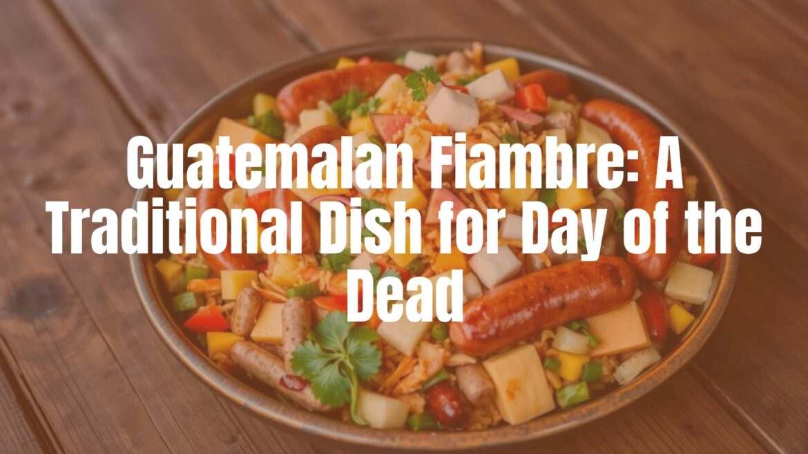 Colorful Guatemalan fiambre dish, overflowing with vegetables, sausages, and cheeses, beautifully arranged on a rustic wooden table, vibrant and festive, traditional, realistic.