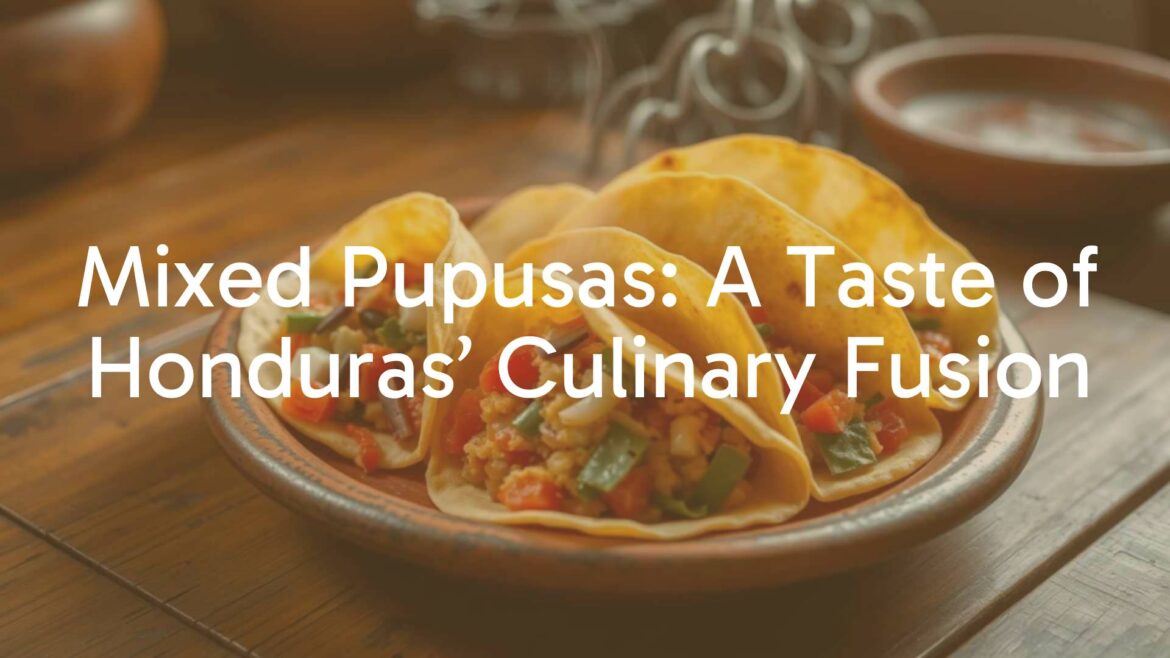 A plate of Honduran mixed pupusas, golden brown and steaming, filled with colorful ingredients, traditional clay plate, rustic wooden table, warm lighting, realistic.