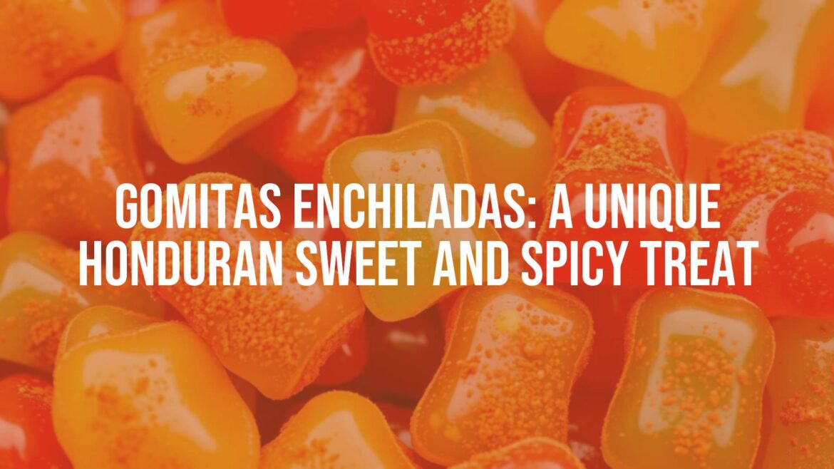 Colorful gummy candies coated in chili powder and sugar, vibrant and playful, Honduran street food style, close-up shot, bright and inviting.