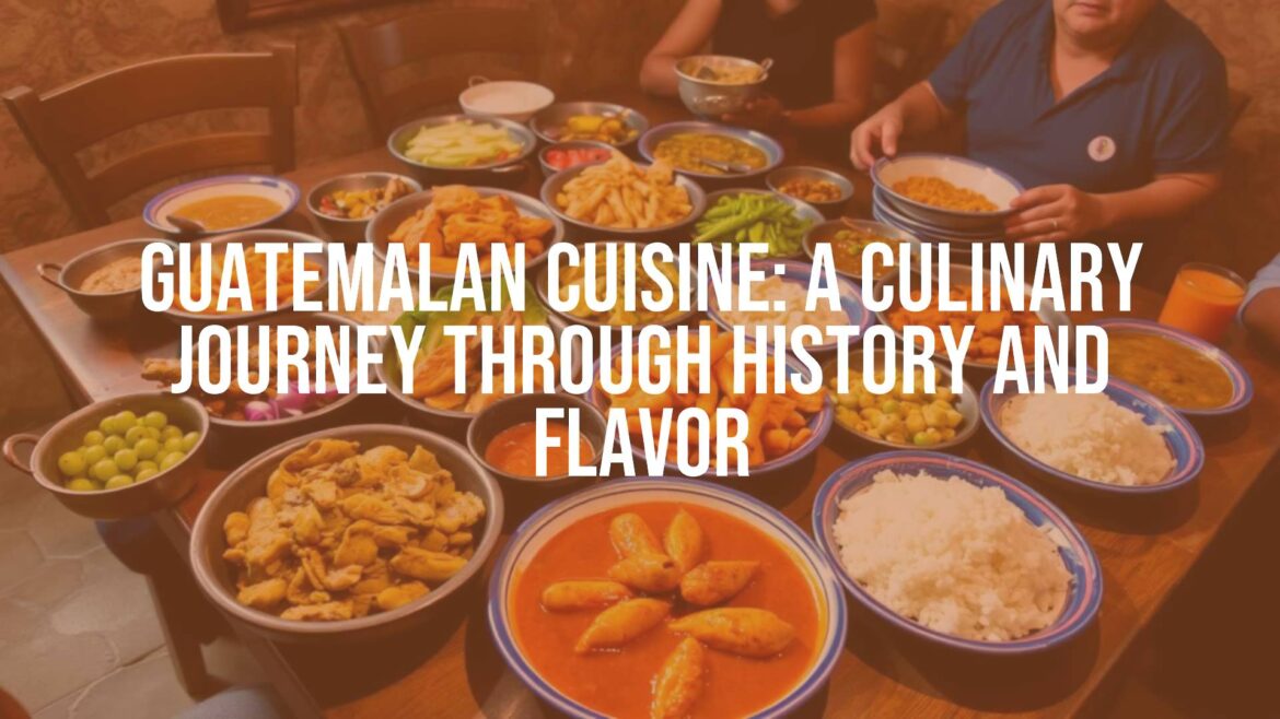 Colorful Guatemalan food spread, traditional dishes with Maya and Spanish influences, vibrant and lively, rustic table setting, warm lighting.