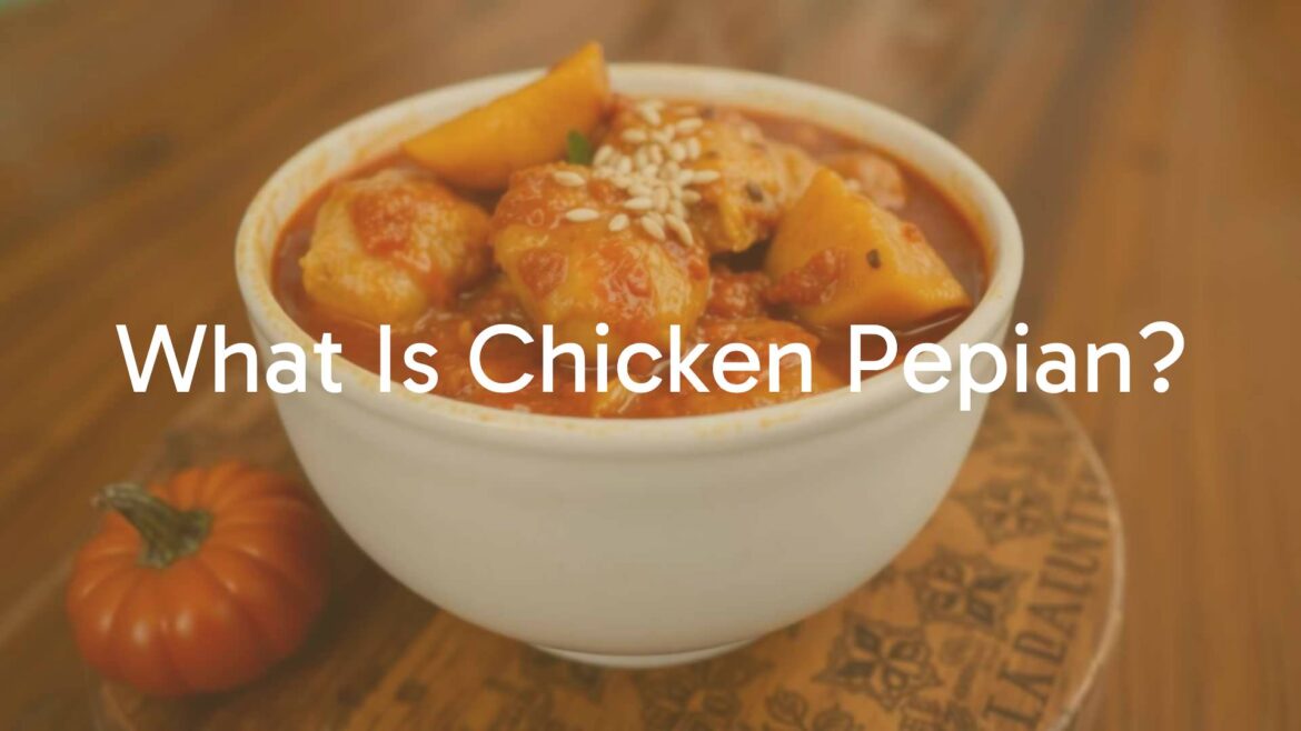 A steaming bowl of Chicken Pepián with tender chicken pieces in a thick, rich red sauce, garnished with roasted pumpkin and sesame seeds, earthy and flavorful, traditional Guatemalan dish, realistic.