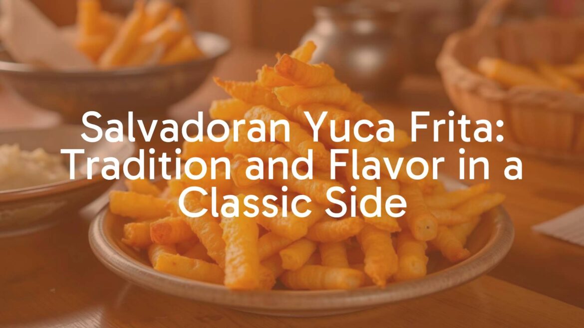 Golden crispy Salvadoran yuca frita (fried cassava) piled high on a rustic plate, warm lighting, traditional Salvadoran table setting, realistic food photography.