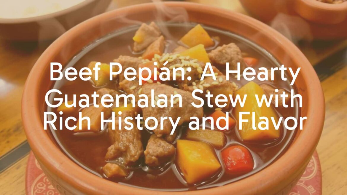 A steaming bowl of Beef Pepián, rich dark sauce, tender beef chunks, colorful vegetables, rustic clay bowl, garnished with sesame seeds, warm and inviting, traditional Guatemalan setting, realistic.
