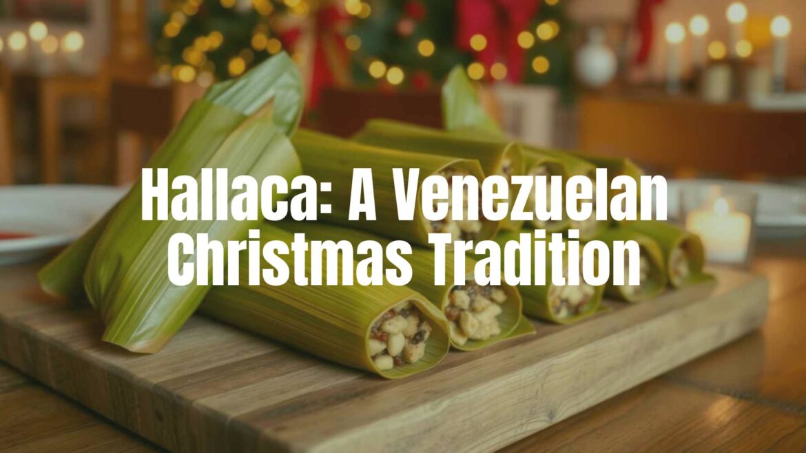 Traditional Venezuelan hallacas on a wooden table, wrapped in plantain leaves, festive Christmas setting, warm lighting, realistic.