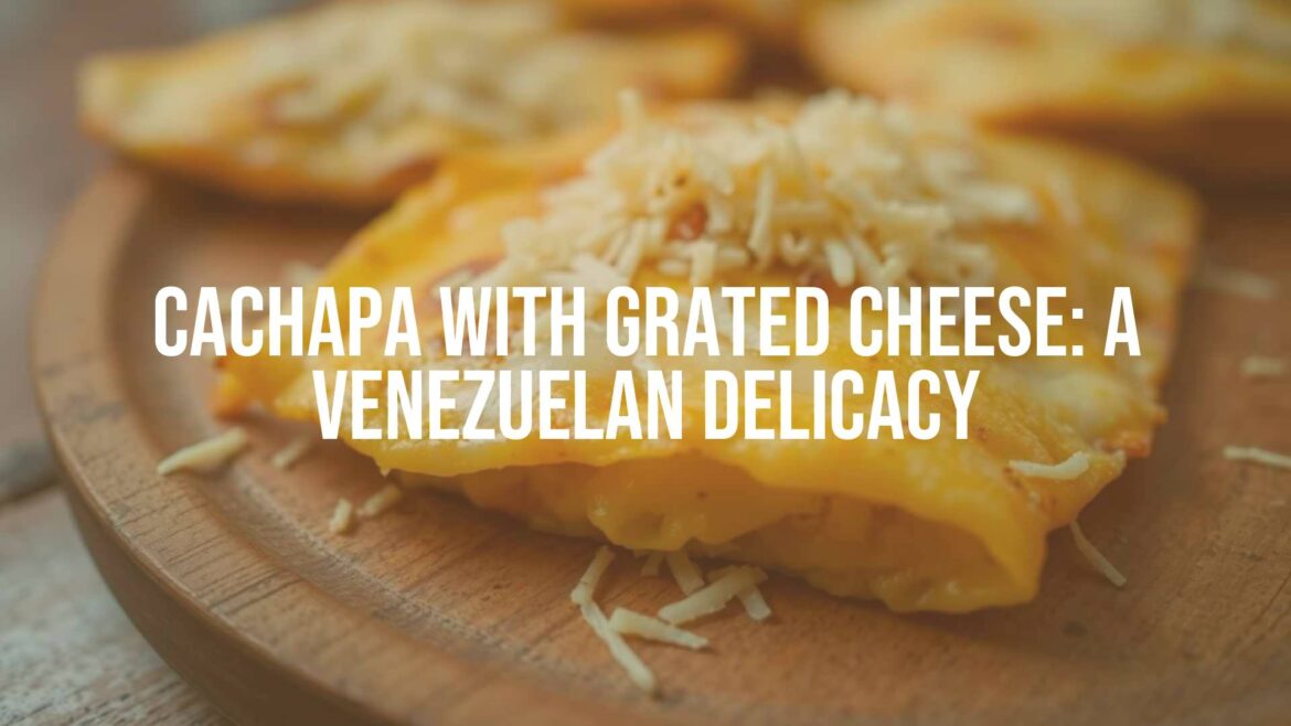 Golden Venezuelan cachapa with melted grated cheese on top, crispy texture, close-up, warm and appetizing, rustic wooden plate, soft natural lighting, food photography style.