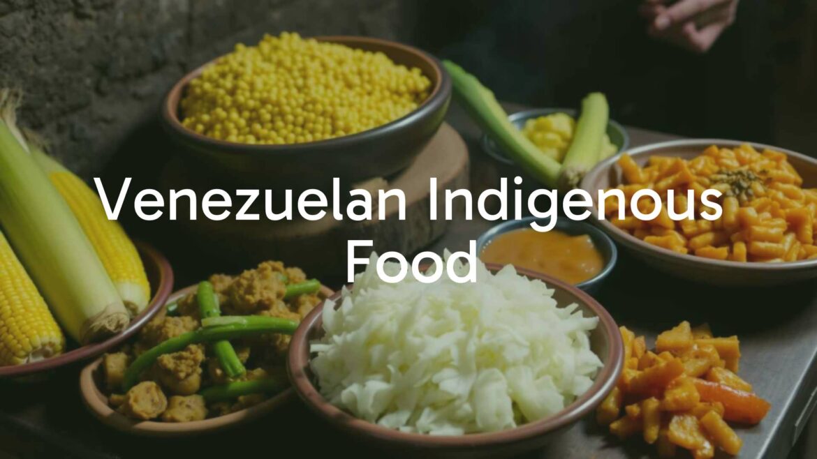 Traditional Venezuelan indigenous food, corn and cassava dishes, vibrant colors, rustic setting, cultural authenticity, warm lighting.