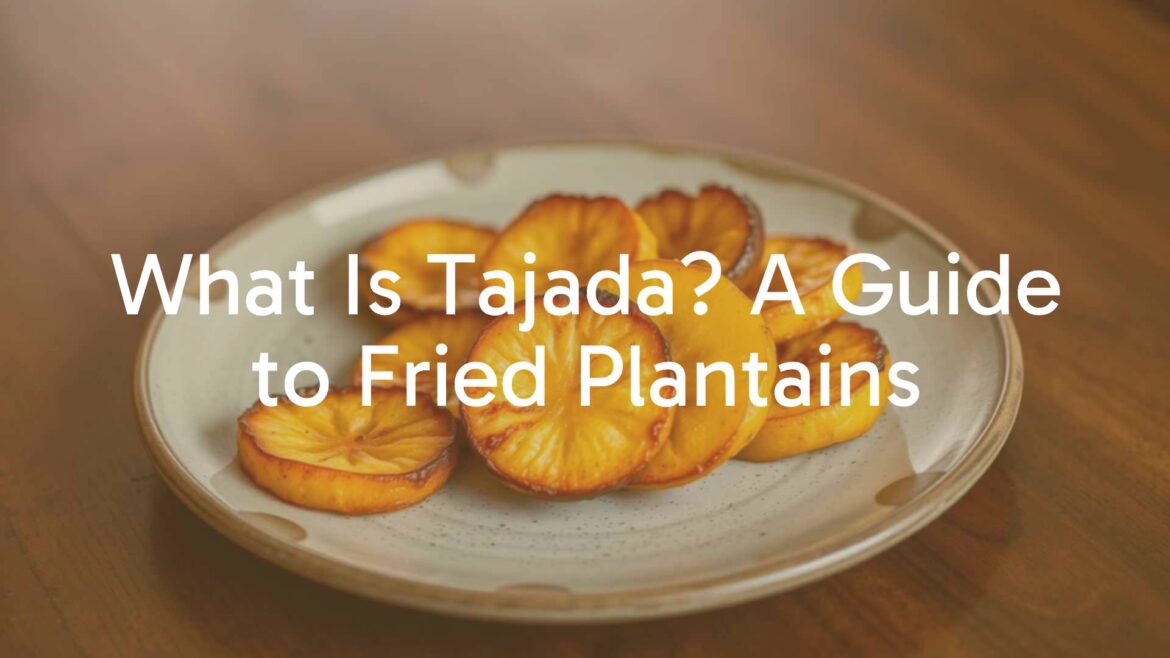 Golden fried plantain slices (tajadas) on a rustic plate, caramelized edges, warm and inviting lighting, realistic food photography.
