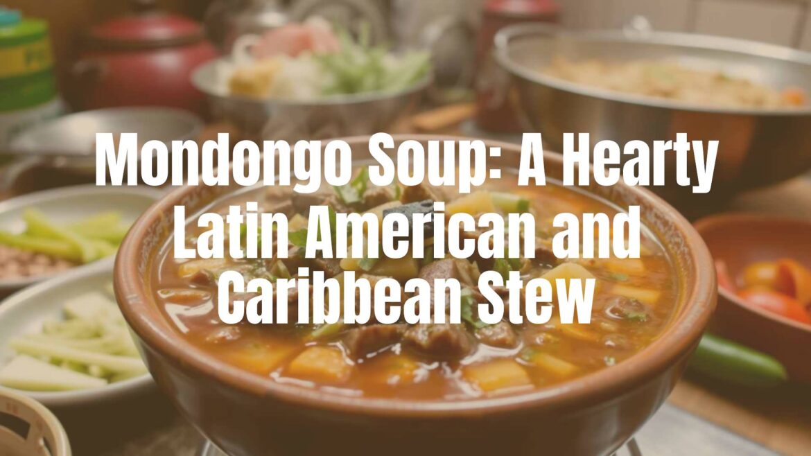 A steaming bowl of mondongo soup, filled with diced tripe, vegetables, and herbs, vibrant colors, cozy kitchen setting, traditional Latin American cuisine, warm and inviting atmosphere.