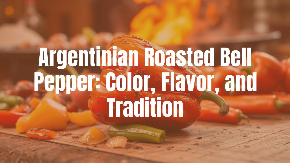 A vibrant Argentinian roasted bell pepper (morrón asado) on a rustic wooden table, charred and smoky, surrounded by traditional asado grill ingredients, warm and inviting lighting, realistic.