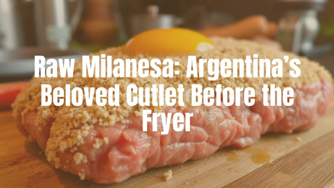 Raw Milanesa breaded cutlet, Argentinian cuisine, close-up on beef slice coated in breadcrumbs and egg, rustic kitchen background, warm lighting, realistic.