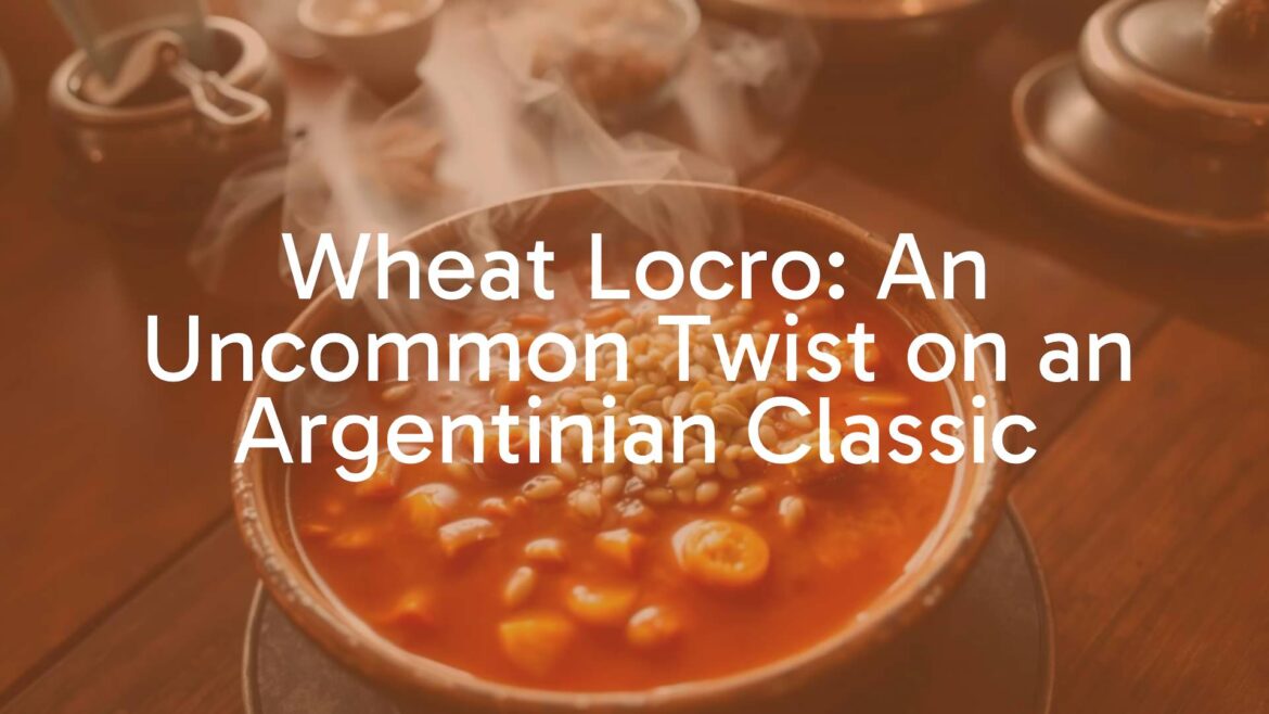 A steaming bowl of Argentinian wheat locro, hearty stew with wheat grains, rustic table setting, warm lighting, traditional.