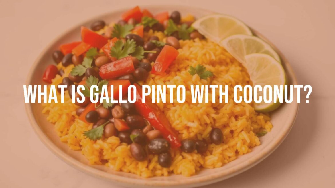 A vibrant plate of Caribbean gallo pinto with coconut, featuring golden rice, black beans, red peppers, and fresh cilantro, garnished with lime wedges, tropical vibe, realistic food photography.