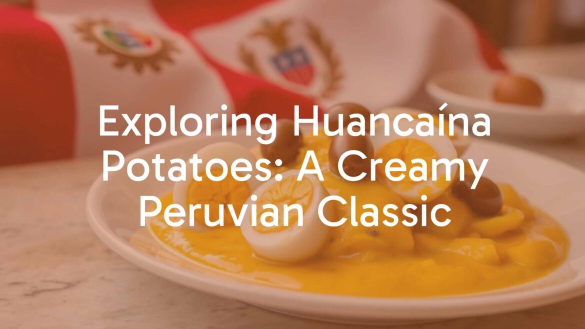 A plate of creamy Huancaína potatoes with vibrant yellow sauce, garnished with olives and hard-boiled eggs, Peruvian flag in the background, appetizing food photography.