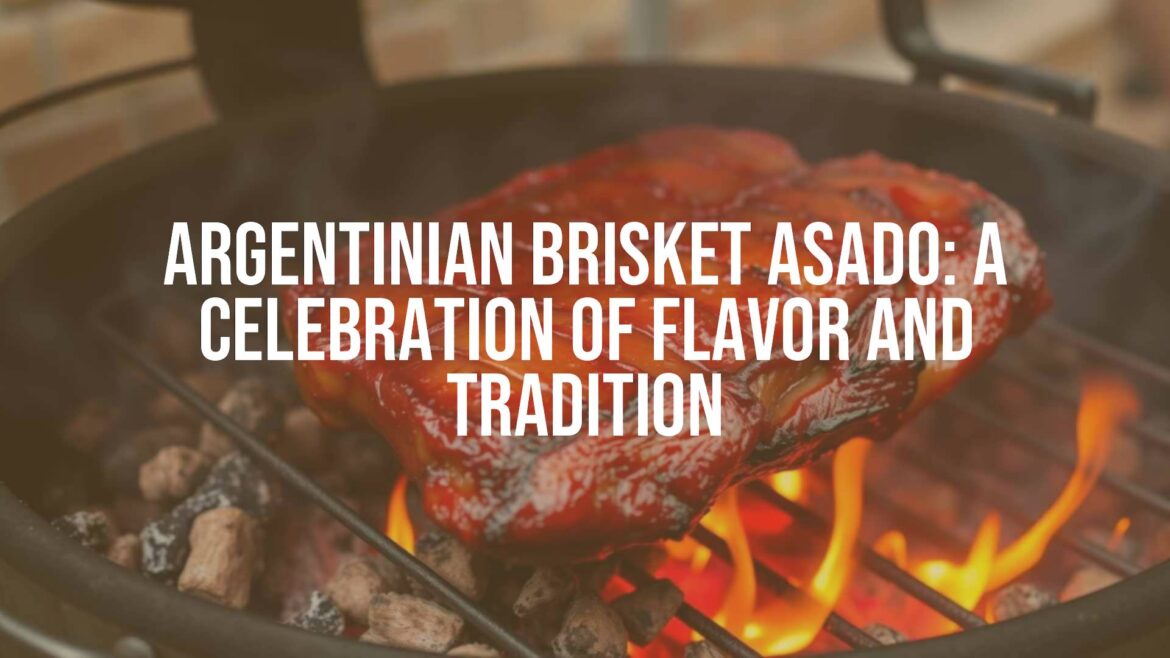 Juicy Argentinian brisket on a grill, open fire, smoky atmosphere, traditional asado setting, realistic.