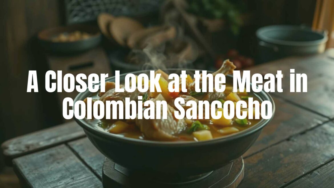 A steaming bowl of Colombian sancocho with tender chicken pieces, surrounded by vegetables, rustic wooden table, warm lighting, traditional Colombian kitchen setting, realistic.