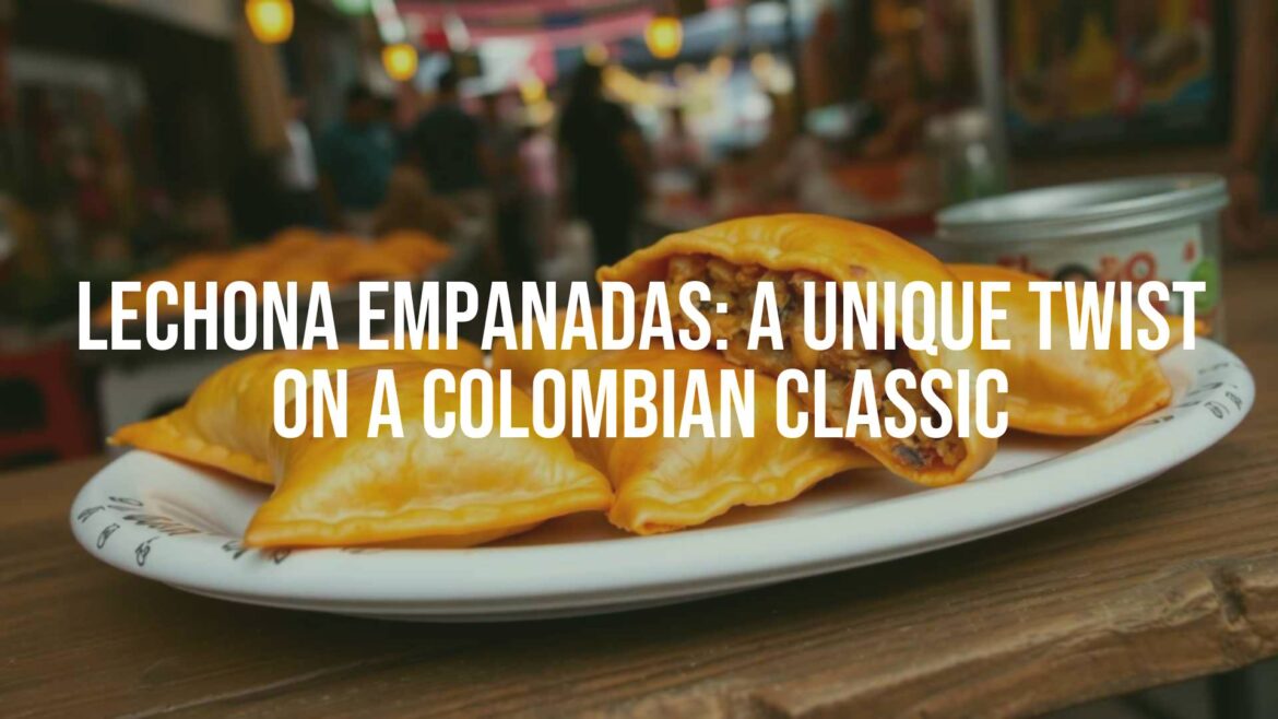 Golden-brown lechona empanadas on a rustic wooden table, Colombian street food, festive atmosphere, vibrant colors, realistic.