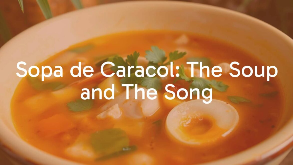 A steaming bowl of Sopa de Caracol with conch meat, vibrant vegetables, and rich broth, garnished with fresh herbs, tropical background, warm and inviting, realistic.