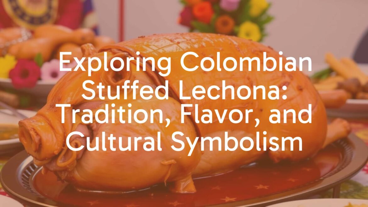 Golden roasted Colombian stuffed lechona, whole deboned pig with crispy skin, festive table setting, vibrant colors, traditional Colombian cuisine, realistic.
