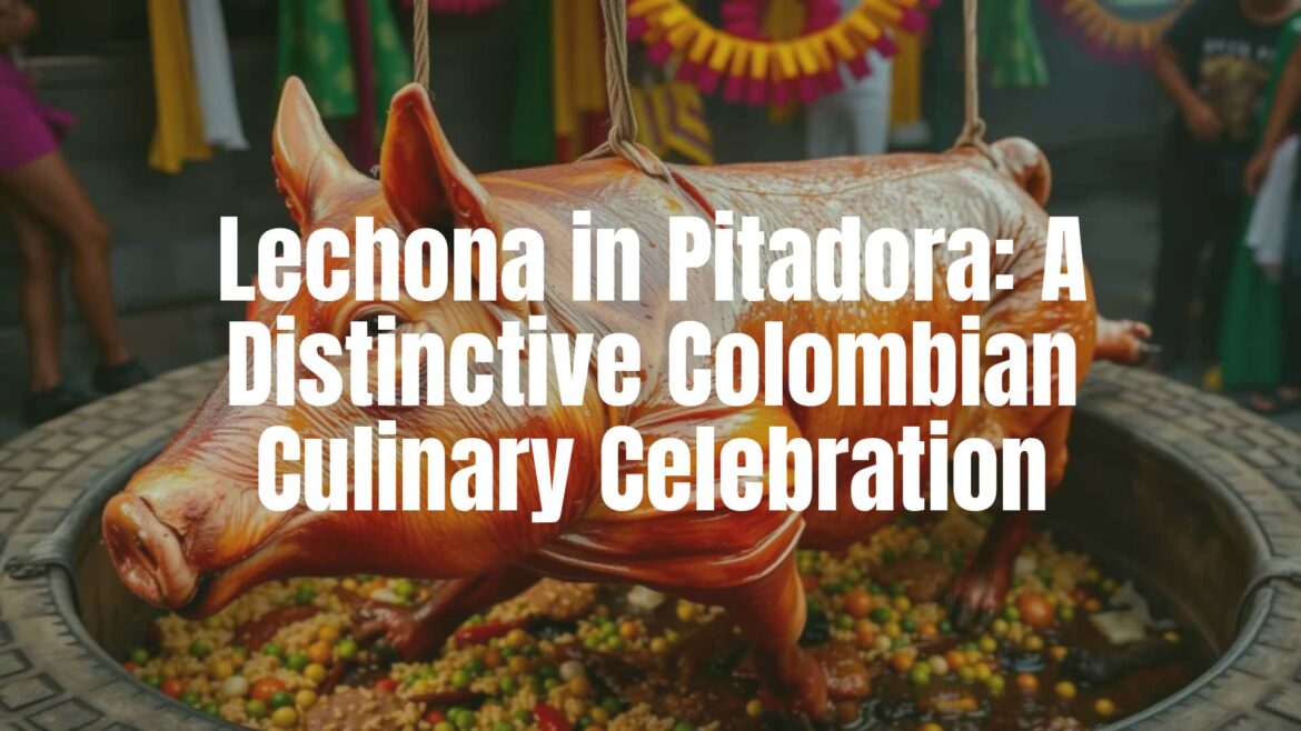 A whole roasted pig (lechona) with crispy golden skin, stuffed with rice and peas, being pulled from a traditional pit oven (pitadora) in Colombia, surrounded by festive decorations, vibrant colors, realistic.