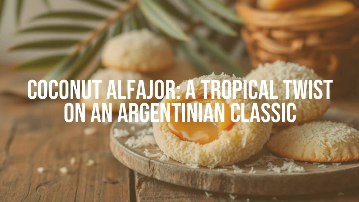 Delicious coconut alfajor cookies with dulce de leche filling, coated in shredded coconut, on a rustic wooden table, tropical vibe, soft lighting, food photography style.