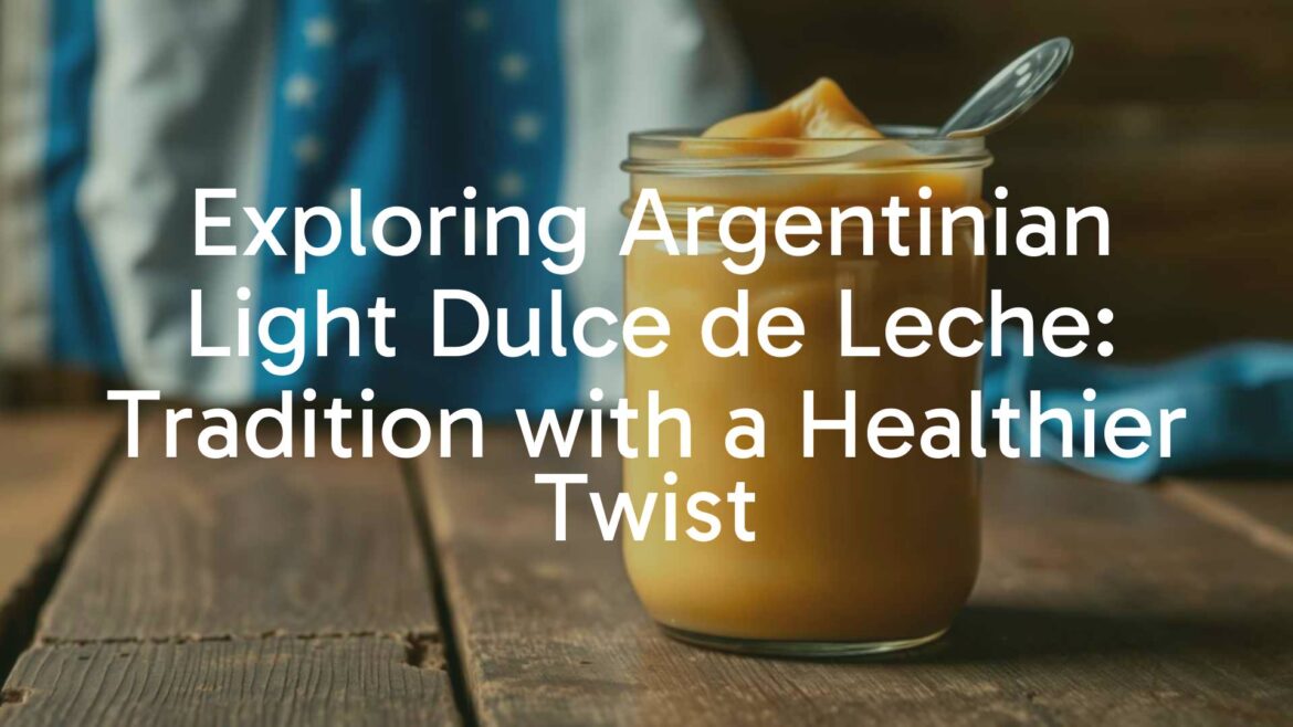 A jar of light dulce de leche with a spoon, golden caramel color, creamy texture, rustic wooden table, Argentinian flag in background, warm lighting, realistic.