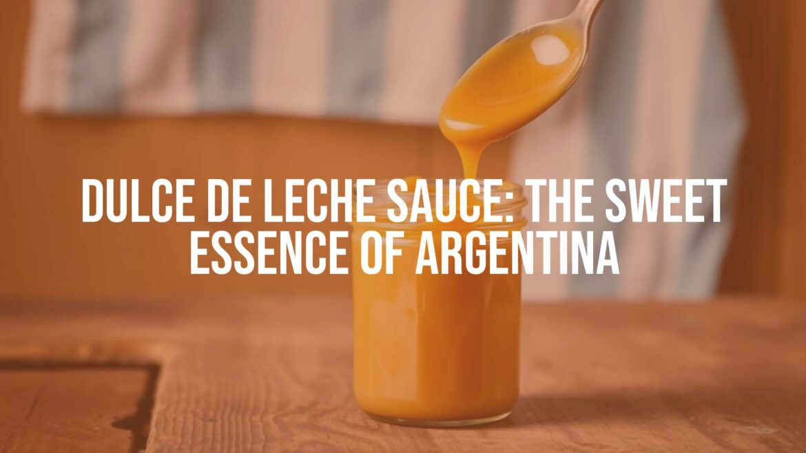A jar of creamy dulce de leche sauce with a spoon dripping, golden caramel color, rustic wooden table, Argentinian flag in background, warm lighting, realistic.