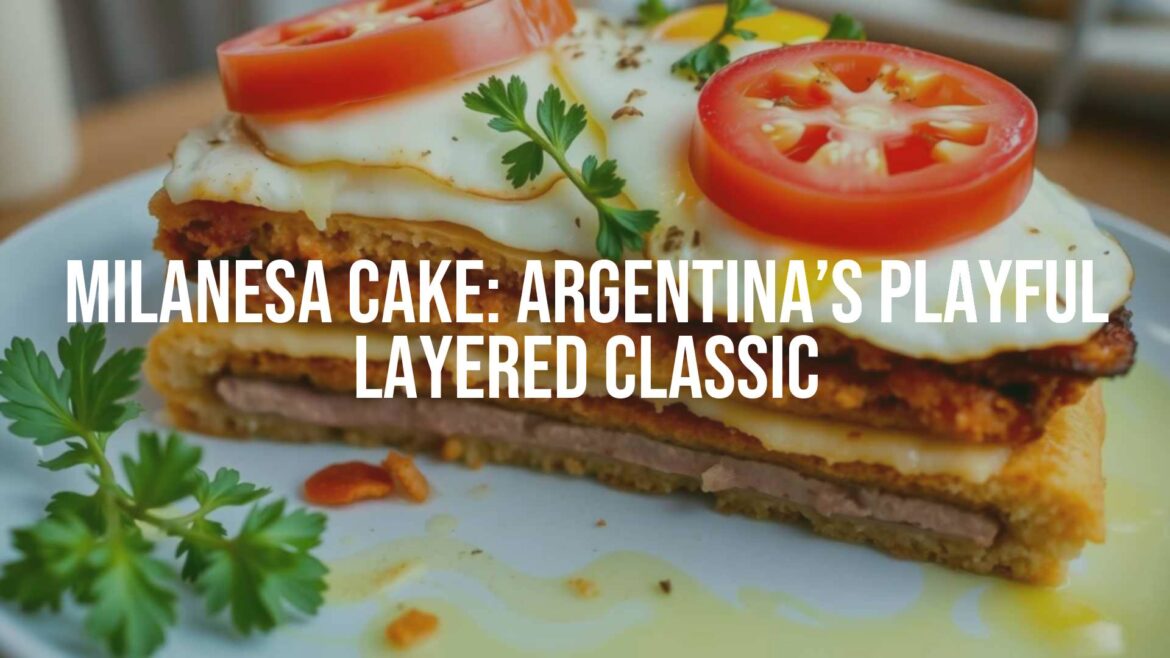 A layered milanesa cake with crispy breaded beef cutlets, topped with ham, cheese, tomatoes, and fried eggs, vibrant and appetizing, realistic food photography.