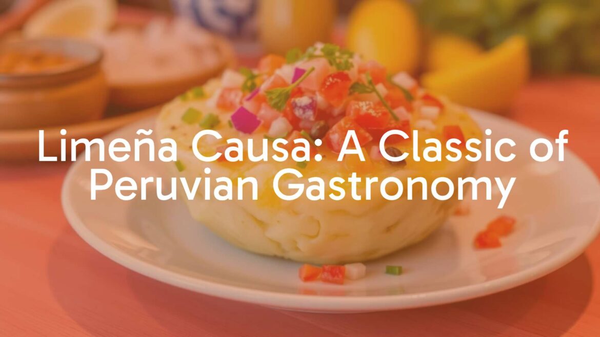 Vibrant Peruvian Limeña causa dish, golden potato layers, colorful toppings, traditional presentation, food photography, appetizing, realistic.
