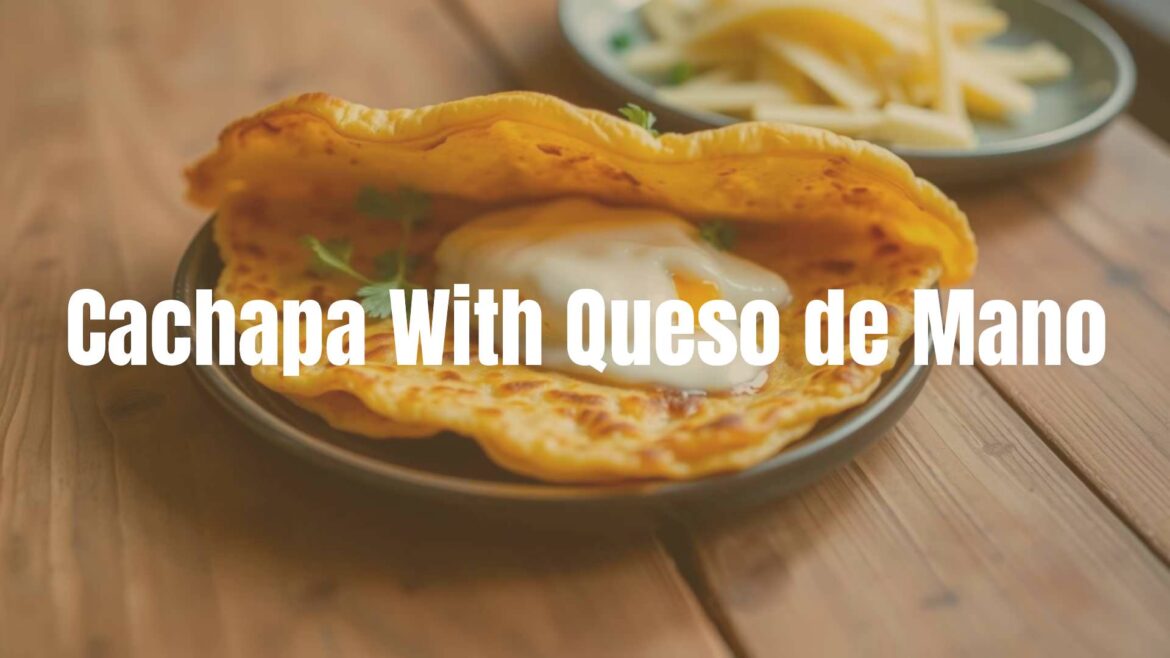 Venezuelan cachapa with queso de mano, golden corn pancake filled with melted white cheese, warm and inviting, rustic wooden table, vibrant food photography, soft lighting.