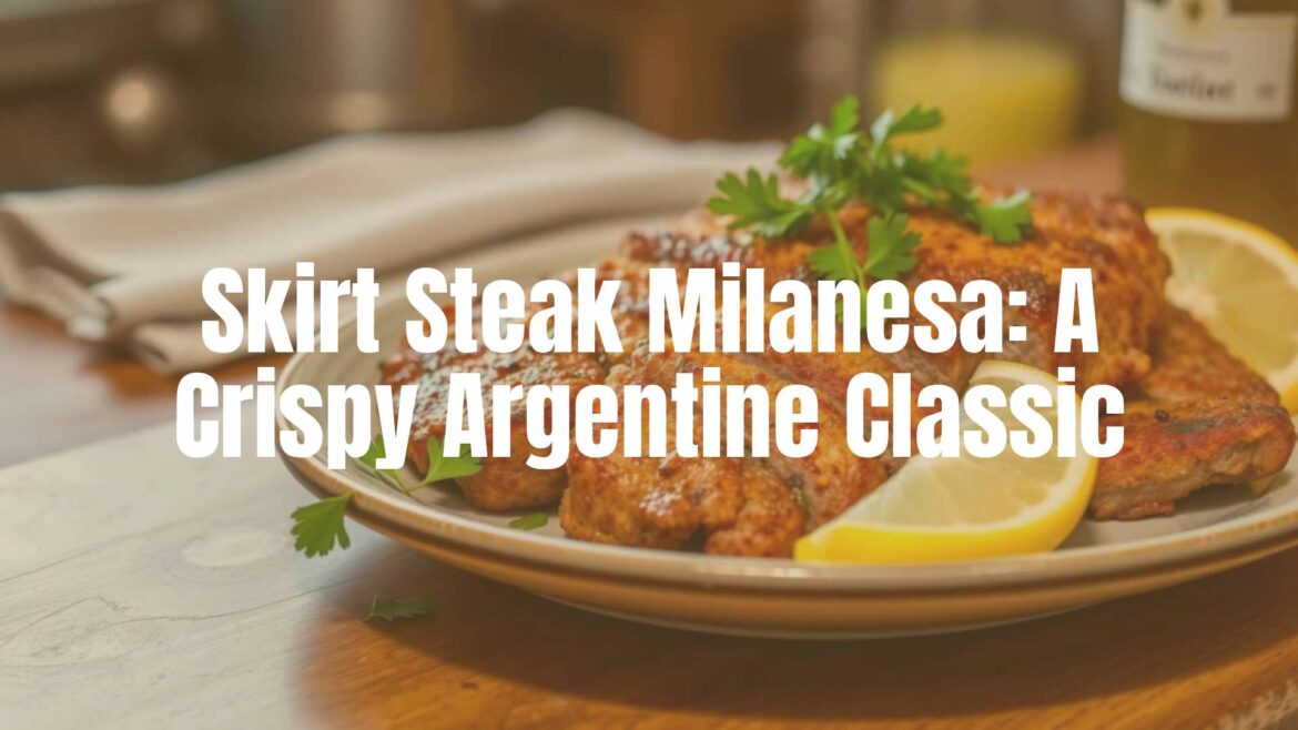 A crispy golden breaded skirt steak milanesa on a plate, garnished with fresh parsley and lemon slices, rustic Argentine kitchen background, warm lighting, realistic.