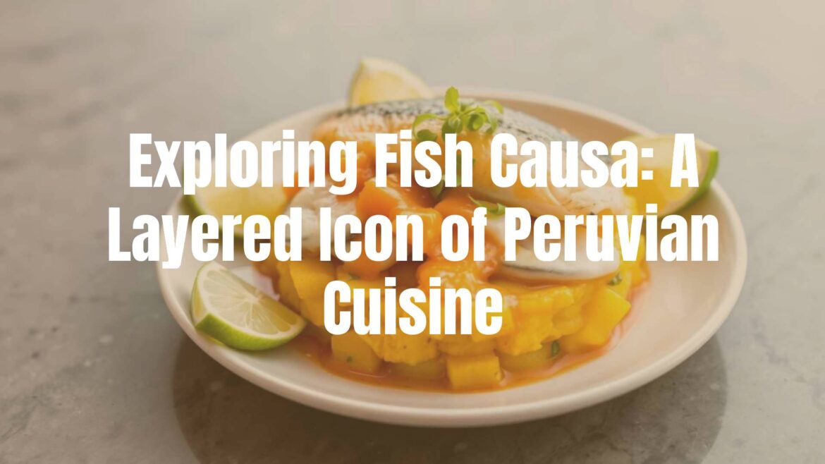 A beautifully layered fish causa dish, featuring yellow Peruvian potatoes, fresh fish, and vibrant aji amarillo, garnished with lime slices, elegant plating, Peruvian cuisine, realistic.