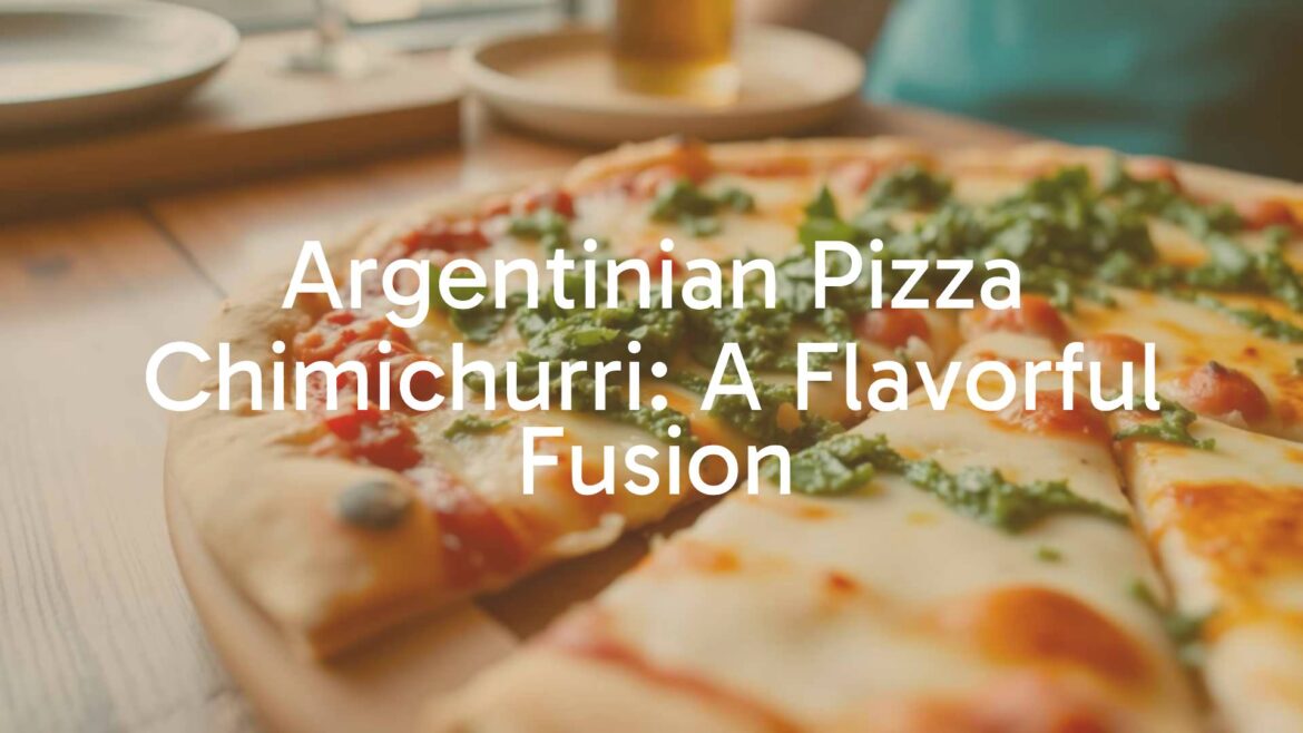 A delicious Argentinian pizza with chimichurri sauce, thick crust, melted cheese, topped with vibrant green chimichurri, rustic wooden table, warm lighting, realistic.