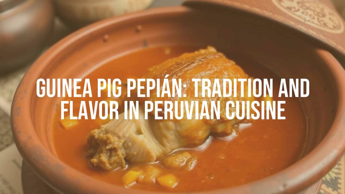 A traditional Peruvian dish of guinea pig pepián, with slow-cooked guinea pig in a rich maize-based sauce, served in a rustic clay bowl, Andean setting, warm lighting, realistic.