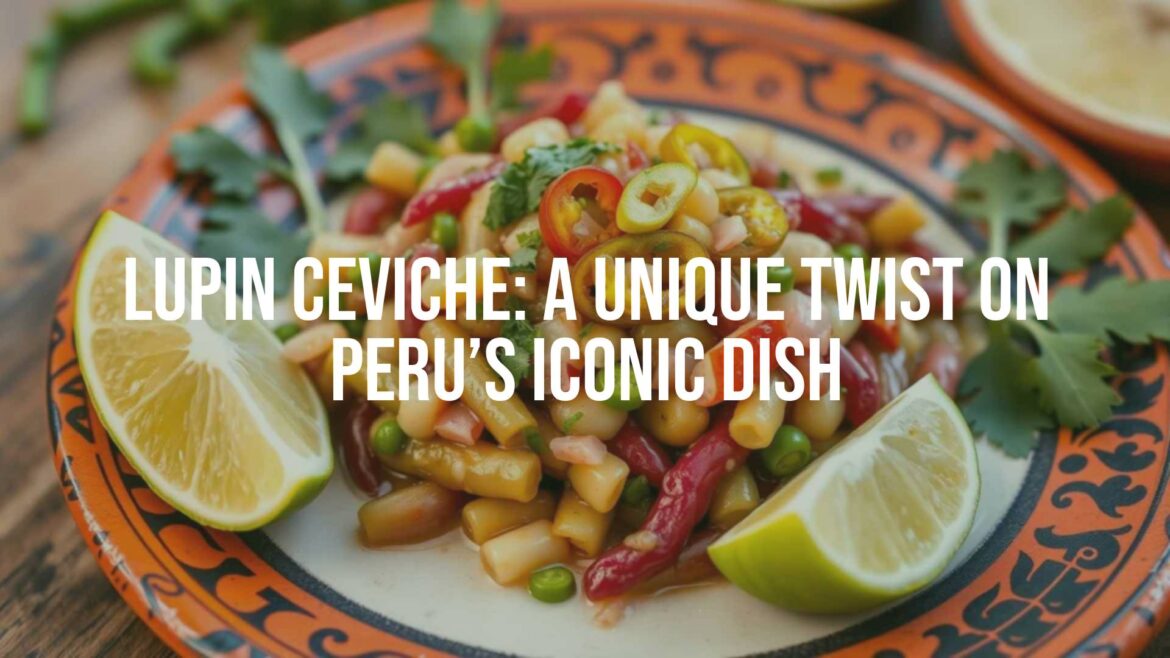 Vibrant lupin ceviche dish, fresh lupin beans marinated in lime juice, garnished with herbs and sliced ají peppers, traditional Peruvian pottery plate, colorful and appetizing, realistic food photography.