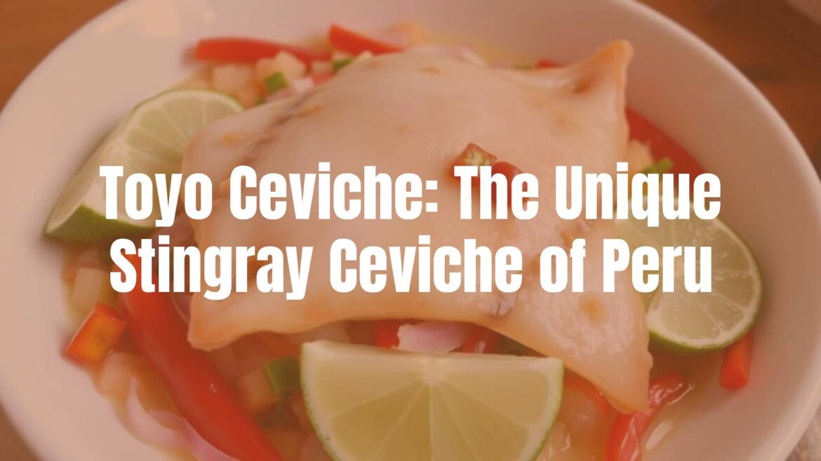 Peruvian toyo ceviche with stingray meat marinated in lime juice, red onions, chili peppers, served in a traditional dish, colorful and fresh, realistic.