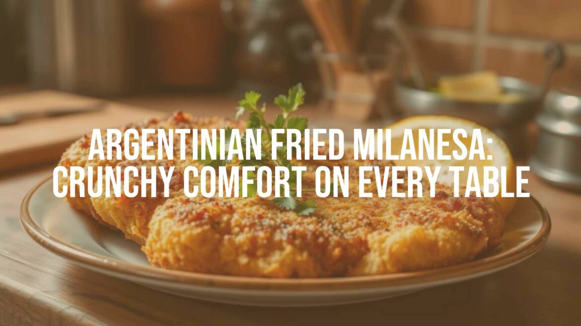 Golden fried milanesa steak, crispy breadcrumb coating, steaming hot on a plate, rustic Argentinian kitchen background, warm lighting, appetizing food photography.