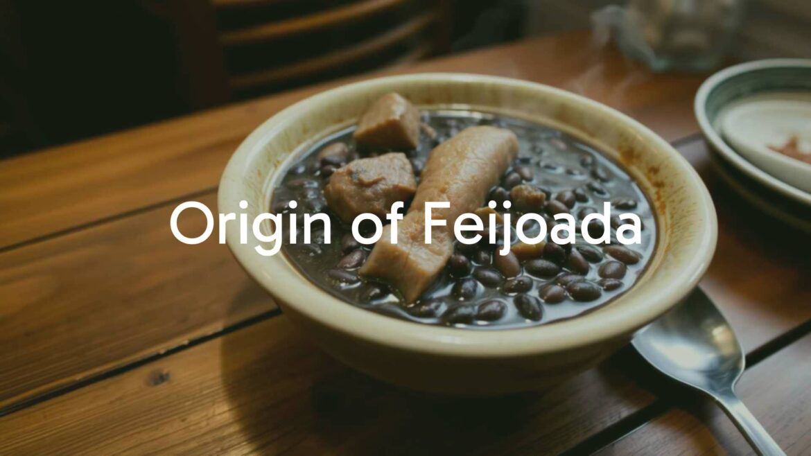 A bowl of hearty Brazilian feijoada with black beans, pork, and sausage, steam rising, rustic wood table, warm lighting.
