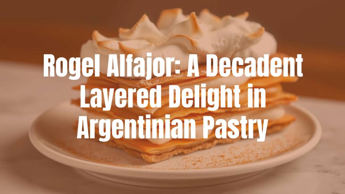 Rogel Alfajor, a decadent Argentinian layered dessert, crispy pastry layers with dulce de leche filling, topped with meringue, elegant food photography, soft lighting.