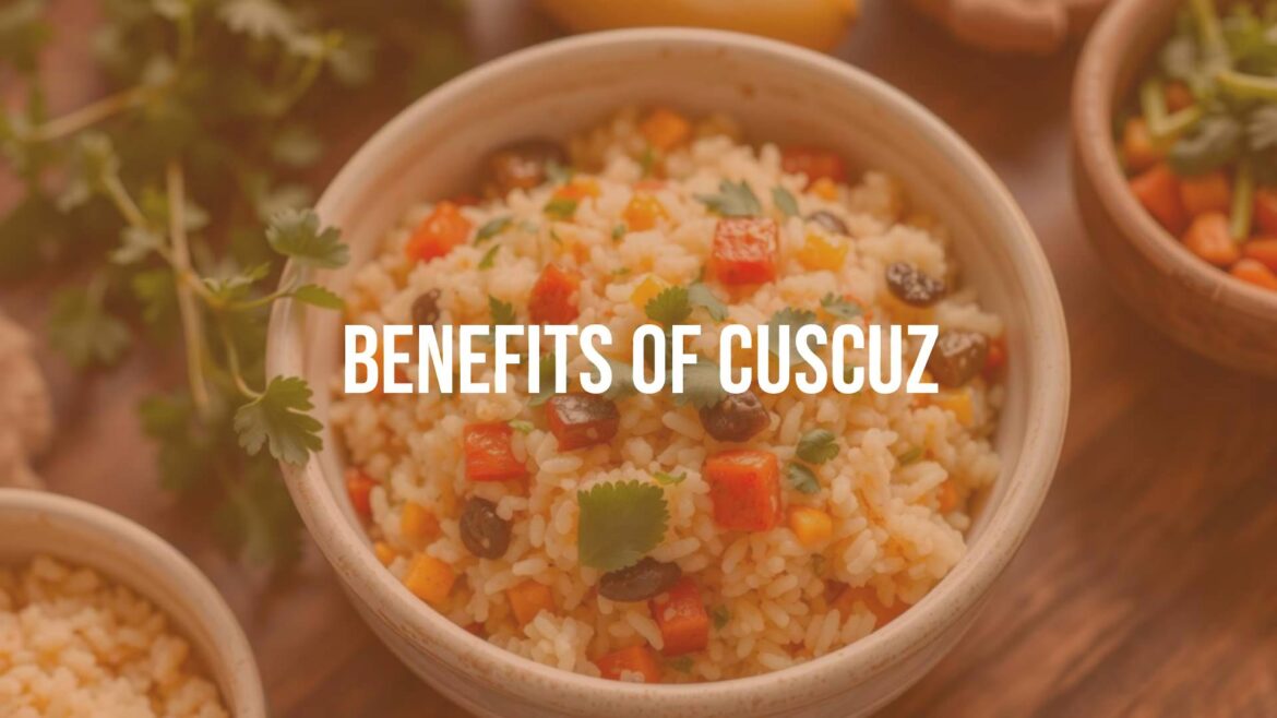 A bowl of fluffy cuscuz with colorful vegetables and herbs, North African style, warm and inviting, realistic.