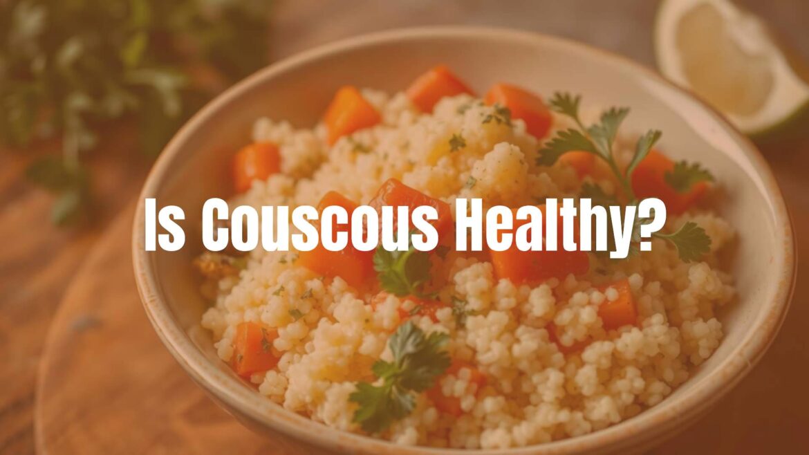 A bowl of fluffy couscous with fresh vegetables and herbs, healthy food, North African cuisine, soft lighting, realistic.