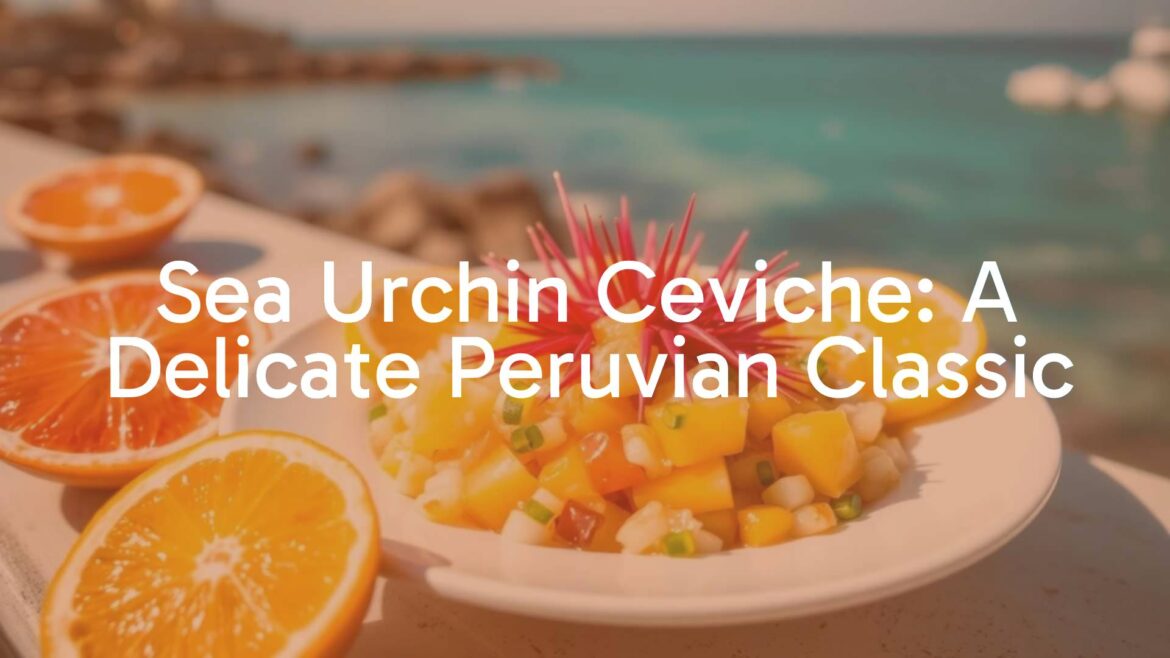 Sea urchin ceviche on a plate, fresh and vibrant, Peruvian coastal setting, bright citrus colors, realistic food photography.