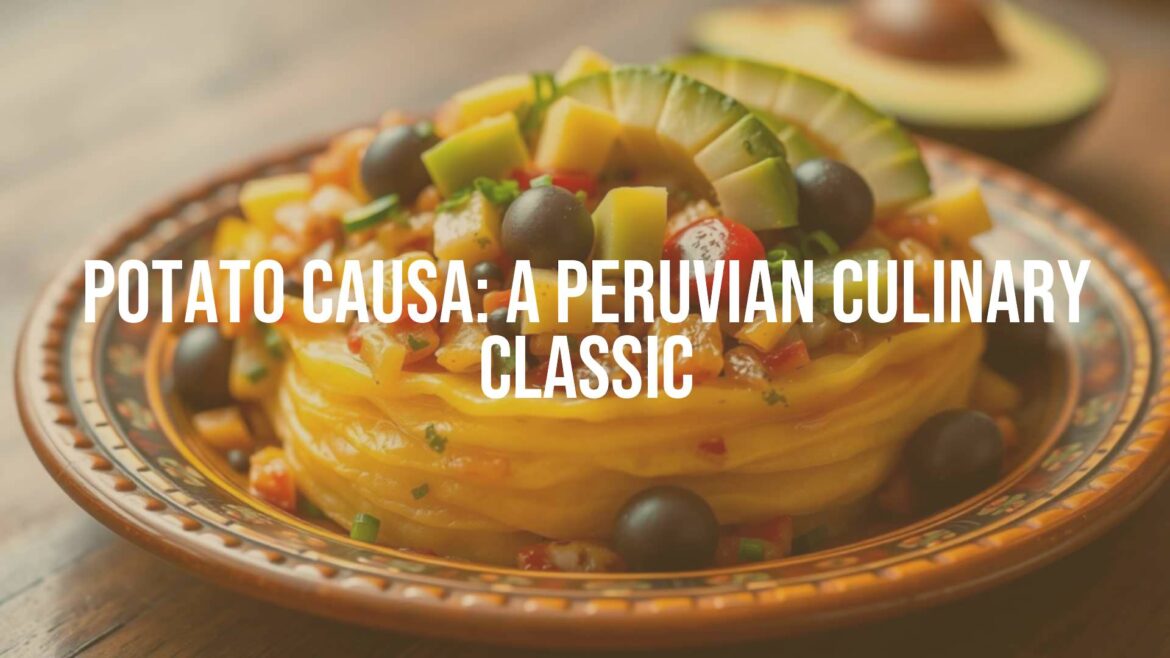 Peruvian potato causa dish, layered yellow potatoes with vibrant fillings, garnished with avocado and olives, colorful and appetizing, traditional ceramic plate, soft lighting, realistic food photography.