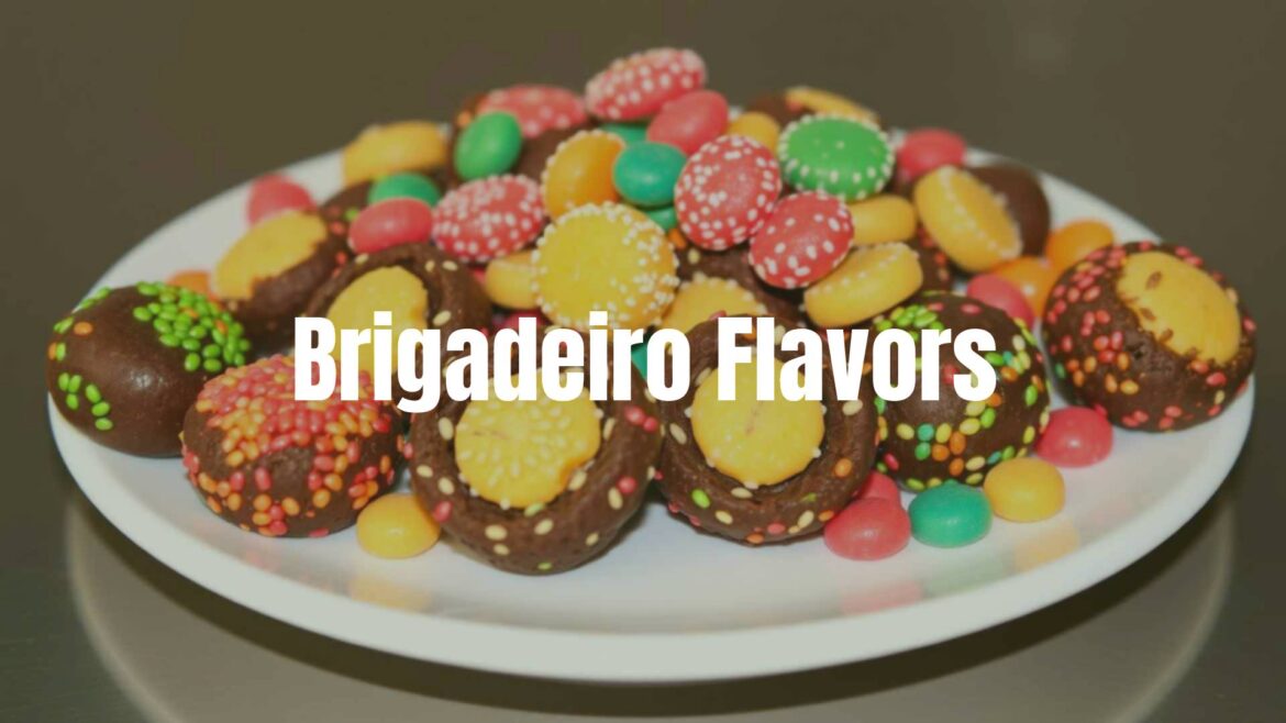 Colorful brigadeiro candies, various flavors like chocolate, strawberry, and pistachio, arranged on a white plate, vibrant and appetizing, realistic.