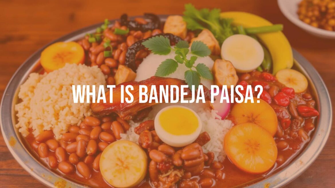 A colorful and vibrant Bandeja Paisa dish, featuring tender beans, crunchy pork belly, fluffy rice, sweet plantains, and other traditional Colombian elements, arranged on a large tray, realistic and appetizing