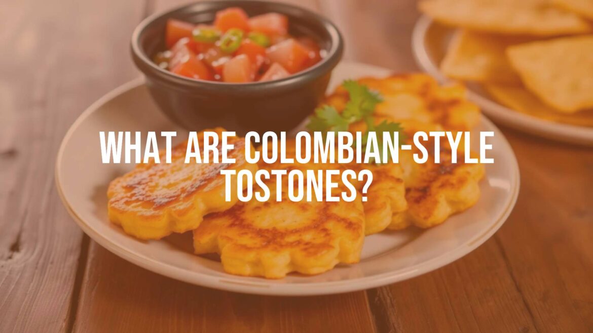 Crispy Colombian-style tostones on a plate, golden-brown color, with a side of fresh salsa, rustic wooden table setting, vibrant and appetizing, realistic food photography.